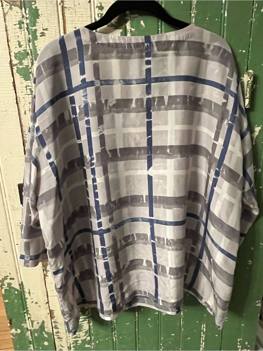 EILEEN FISHER SILK Blue & Gray Plaid V-Neck Top SizeXL - Picture 6 of 8
